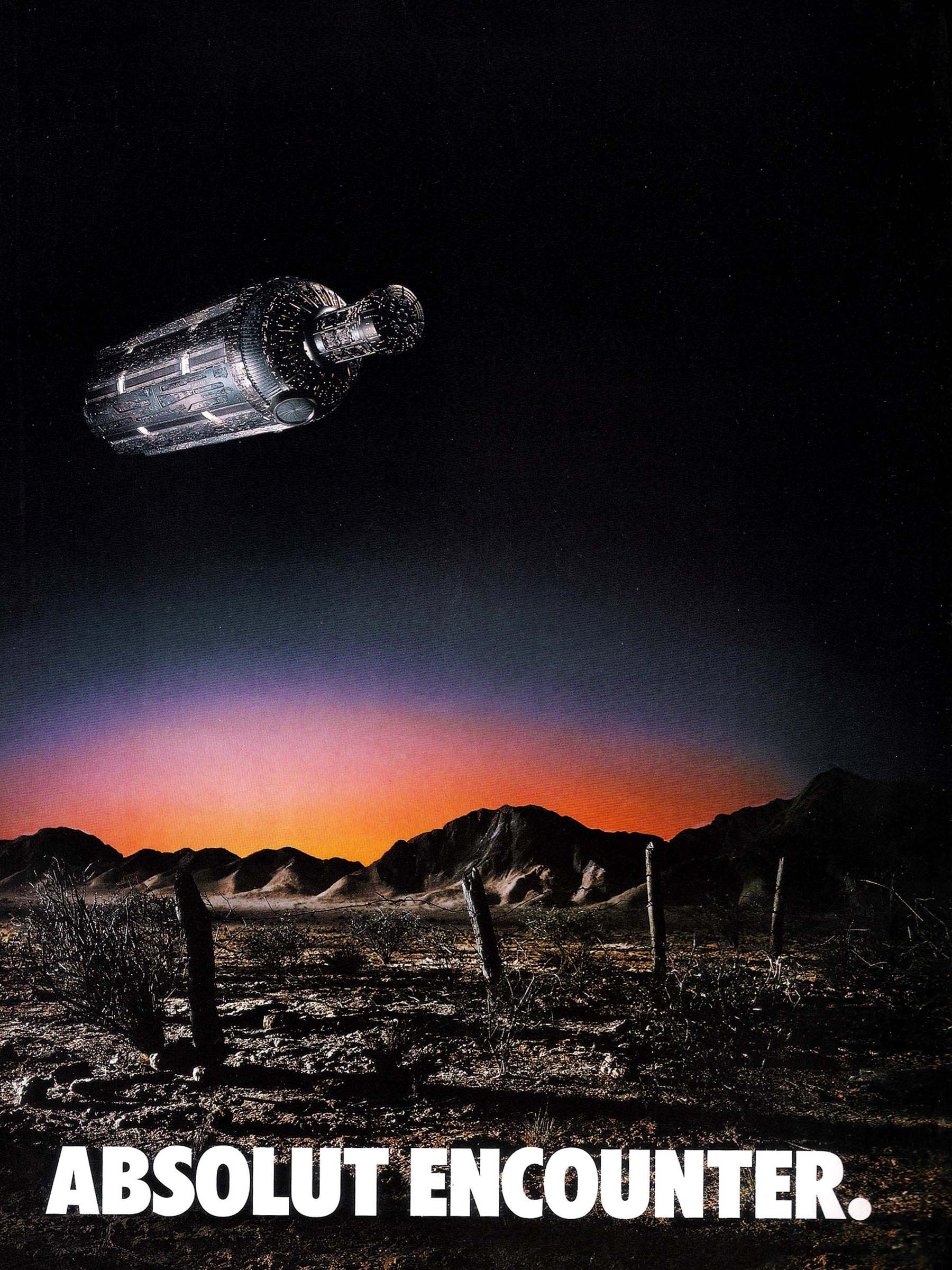 Poster: Bottle-shaped UFO hovering over a desert at dusk