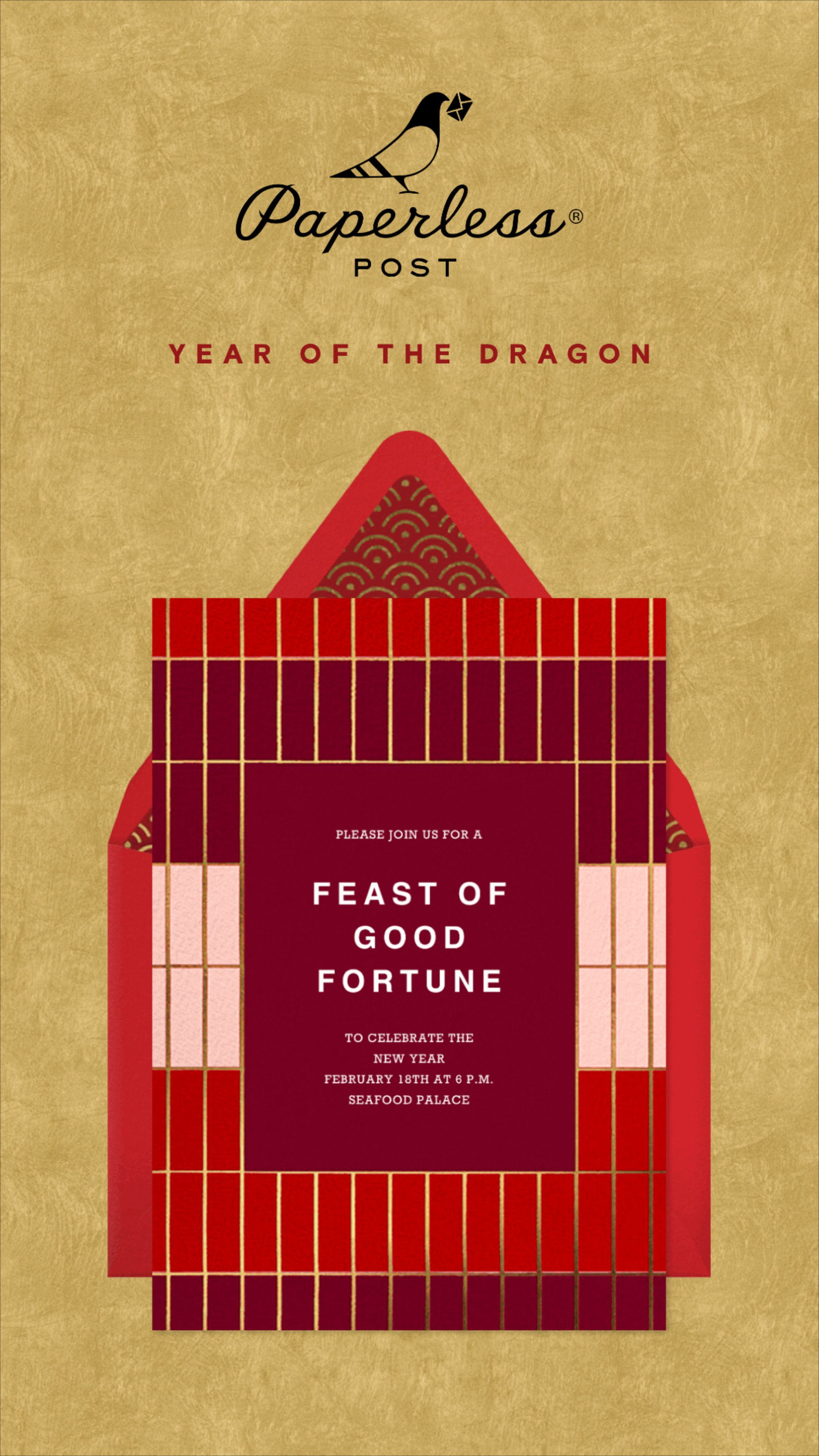 Lunar New Year Story: Red invitation card with a giant gold dragon character over a red envelope, slide 2