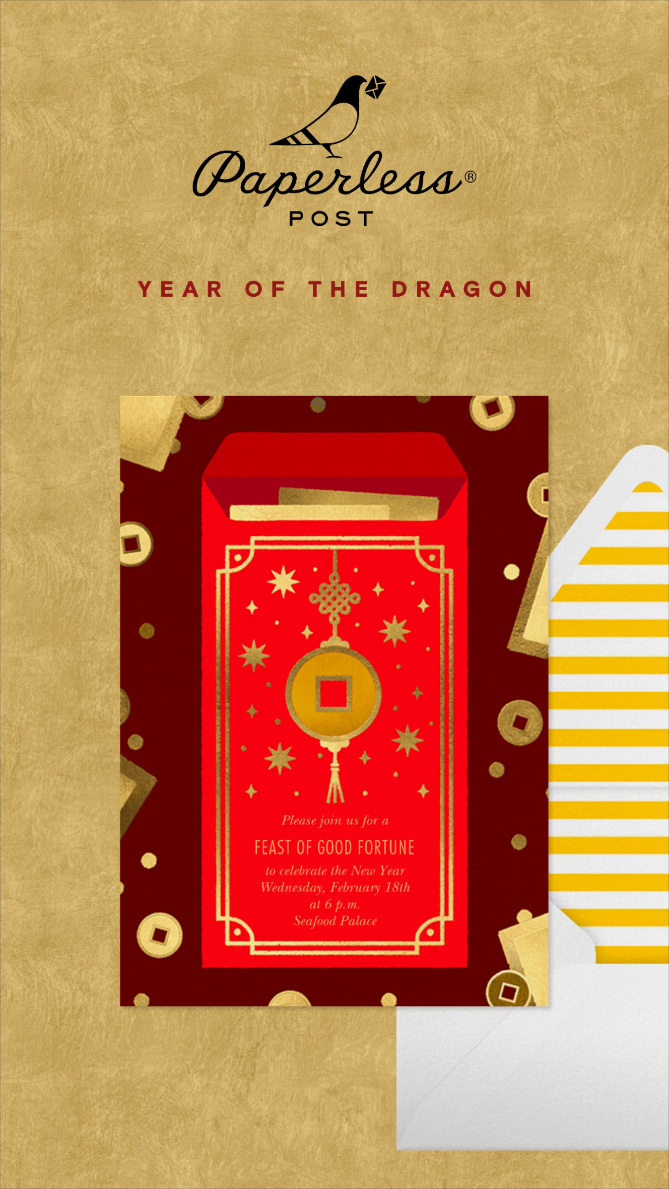 Lunar New Year Story: Red invitation card with a giant gold dragon character over a red envelope, slide 3