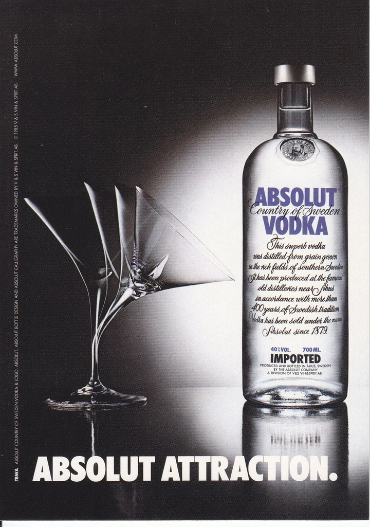 Creative ad: A martini glass bending toward a vodka bottle as if drawn to it