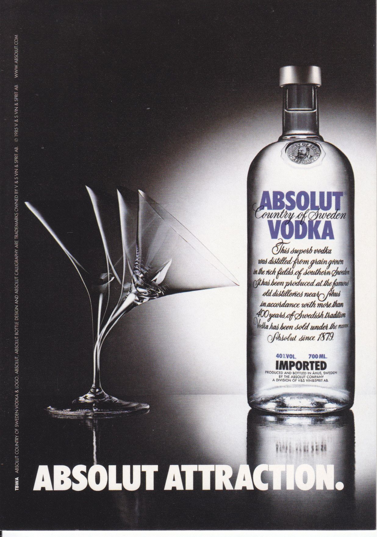 Poster: A martini glass bending toward a vodka bottle as if drawn to it