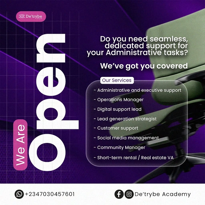 Virtual Assistant Services creative ad: Bold vertical OPEN administrative-services composition