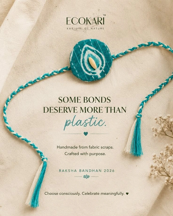 Raksha Bandhan creative ad: Teal handmade fabric rakhi on cream linen