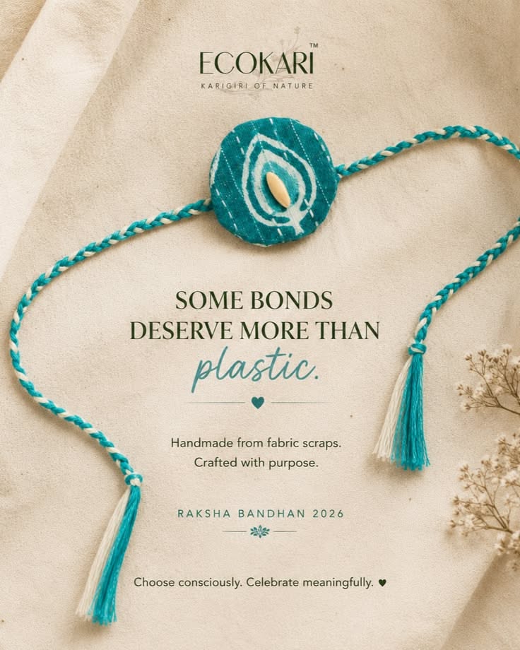 Teal handmade fabric rakhi on cream linen