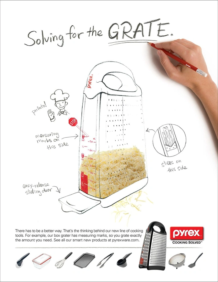 Home Appliances creative ad: Hand-sketched grater, 'Solving for the Grate' pun