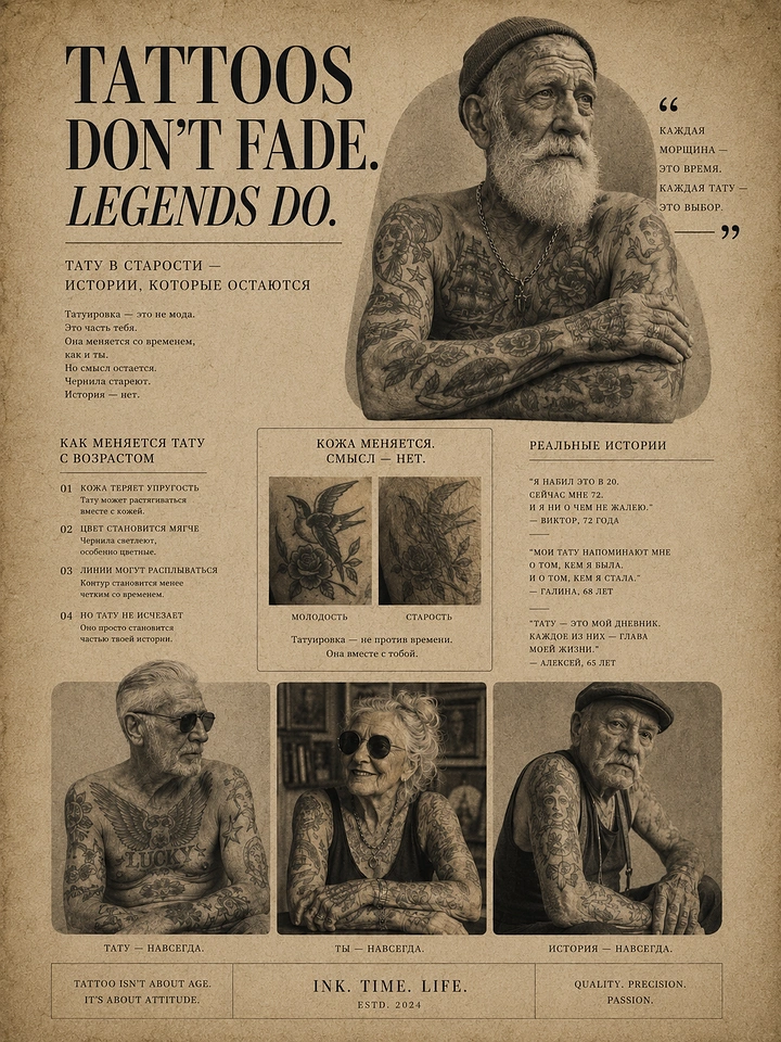 Tattoo Studios creative ad: Vintage newspaper: tattoos don't fade, legends do