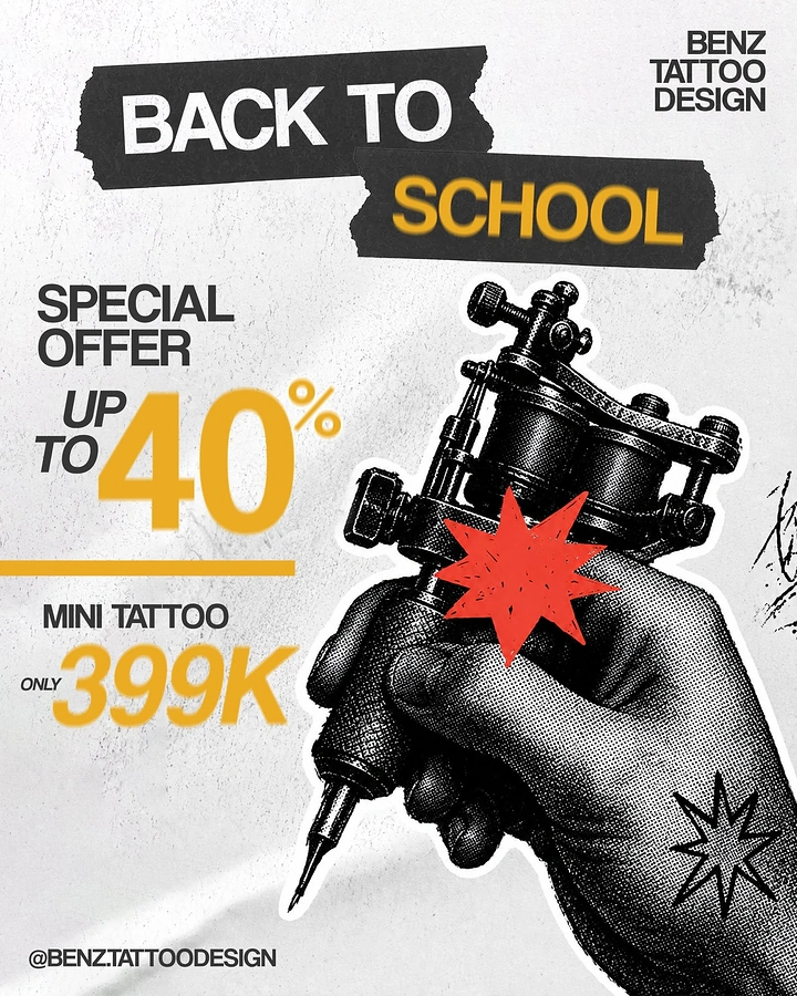 Tattoo Studios creative ad: Tattoo machine halftone back-to-school offer