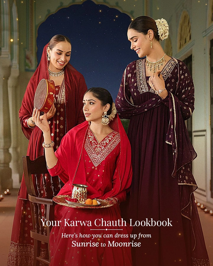 Karwa Chauth creative ad: Three women in embroidered red and wine ethnic wear, one holding a sieve and thali