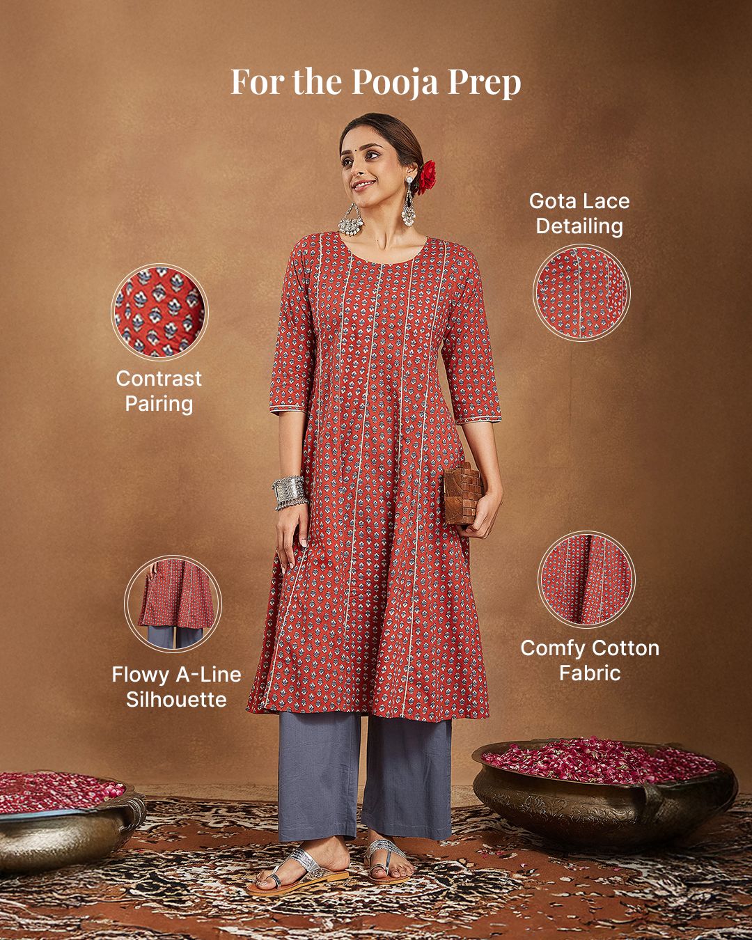 Three women in embroidered red and wine ethnic wear, one holding a sieve and thali