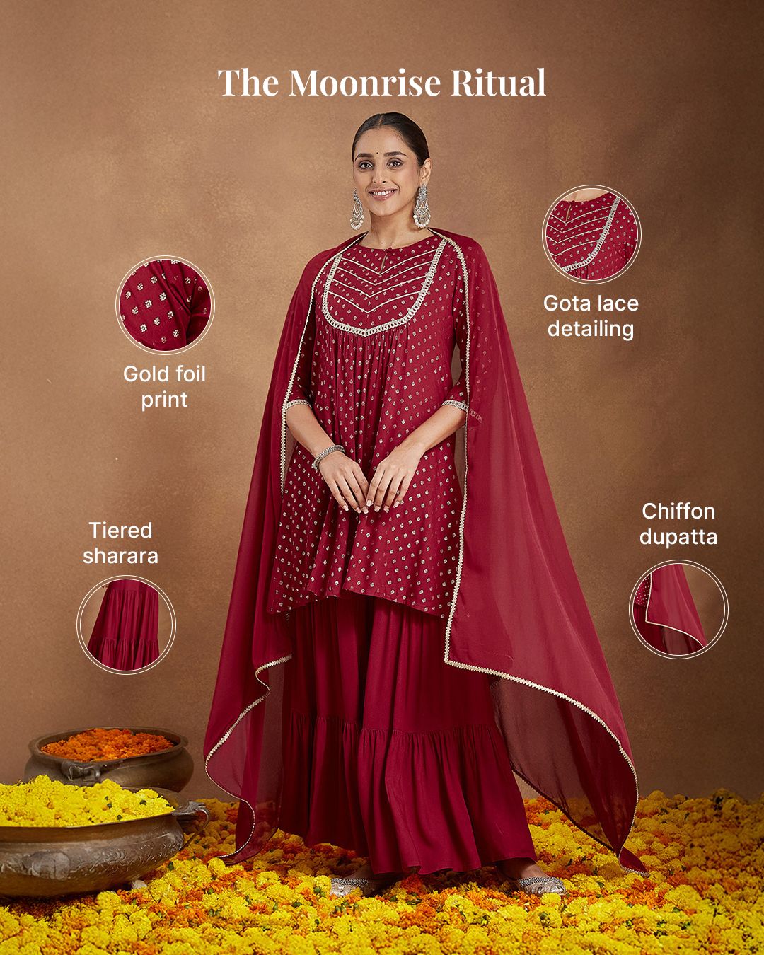 Three women in embroidered red and wine ethnic wear, one holding a sieve and thali