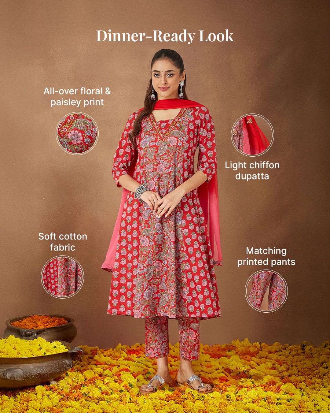 Three women in embroidered red and wine ethnic wear, one holding a sieve and thali