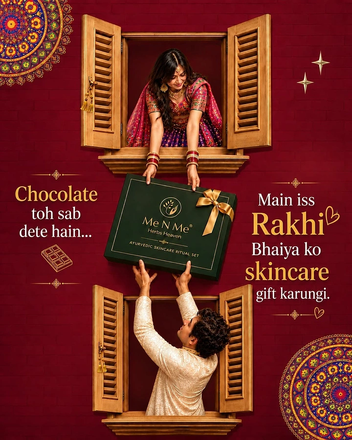 Raksha Bandhan creative ad: Sister in upper window handing a skincare gift box to brother in lower window