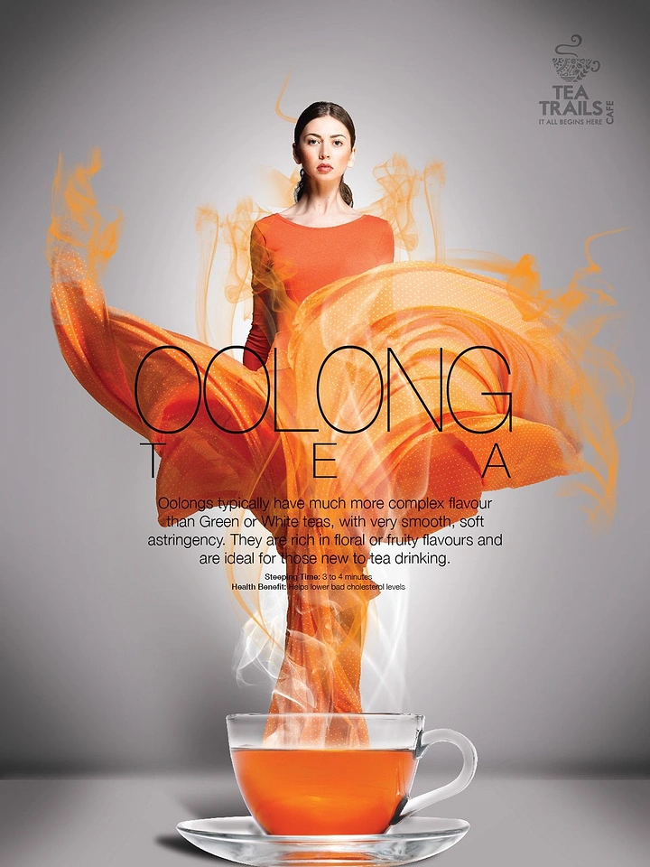Tea & Chai Brands creative ad: Model in a billowing orange dress rising like steam out of a glass cup of tea