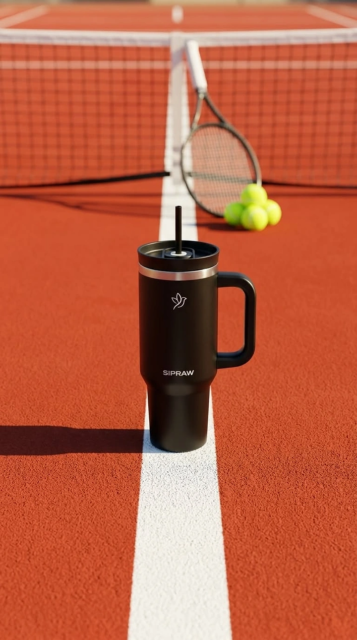 Tumblers, Flasks & Drinkware creative ad: Tennis court creates sporty product setting