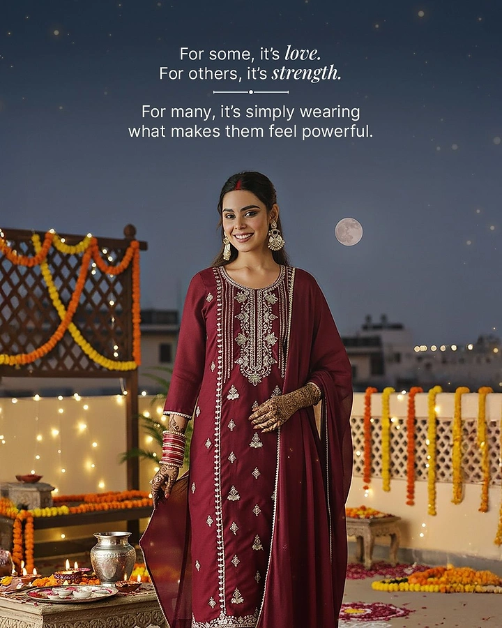 Karwa Chauth creative ad: Smiling woman in maroon embroidered suit on rooftop