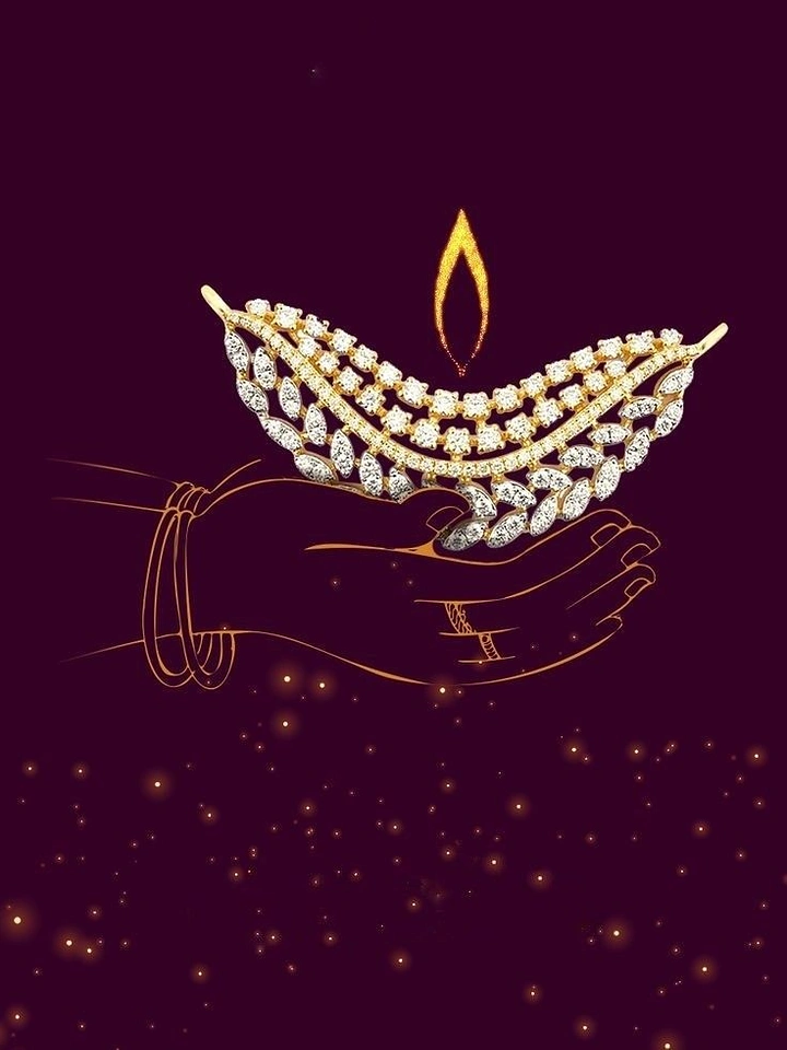 Diwali creative ad: Diamond pendant forming a diya held in line-drawn cupped hands