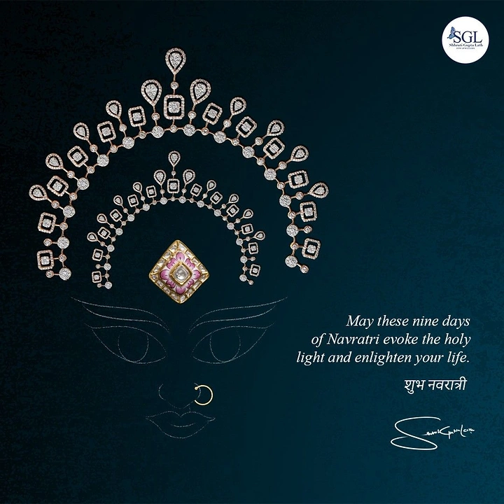 Navratri creative ad: Goddess Durga face formed by diamond necklaces and fine line drawing
