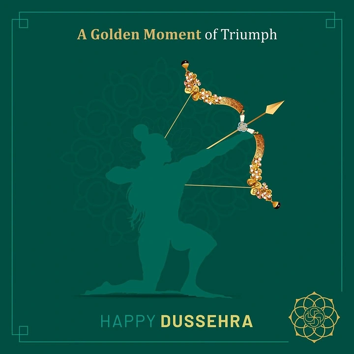 Dussehra creative ad: Kneeling archer silhouette holding a jewellery-crafted gold bow