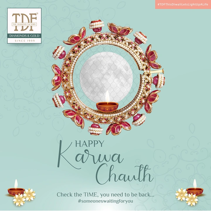Karwa Chauth creative ad: Ruby-and-pearl gold bangle framing a full moon and a lit diya like a sieve