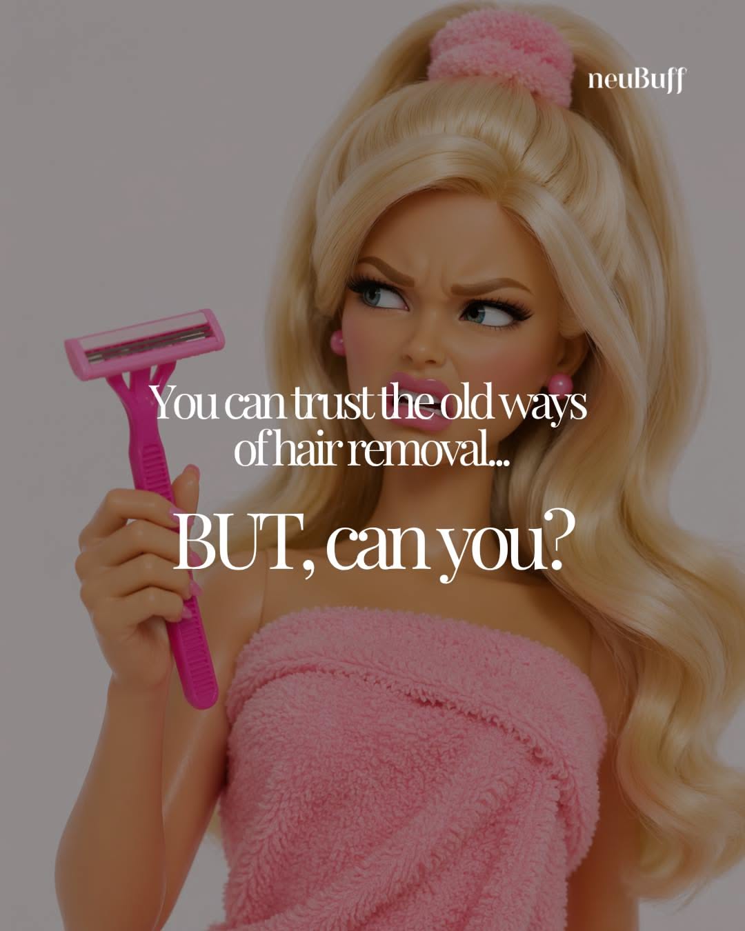 Instagram post: Skeptical Barbie with razor, witty copy, slide 1