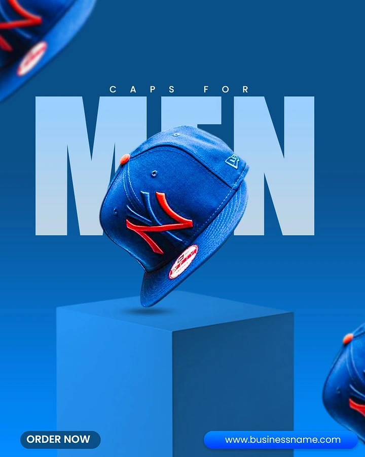Hats & Caps creative ad: Floating cap and oversized typography