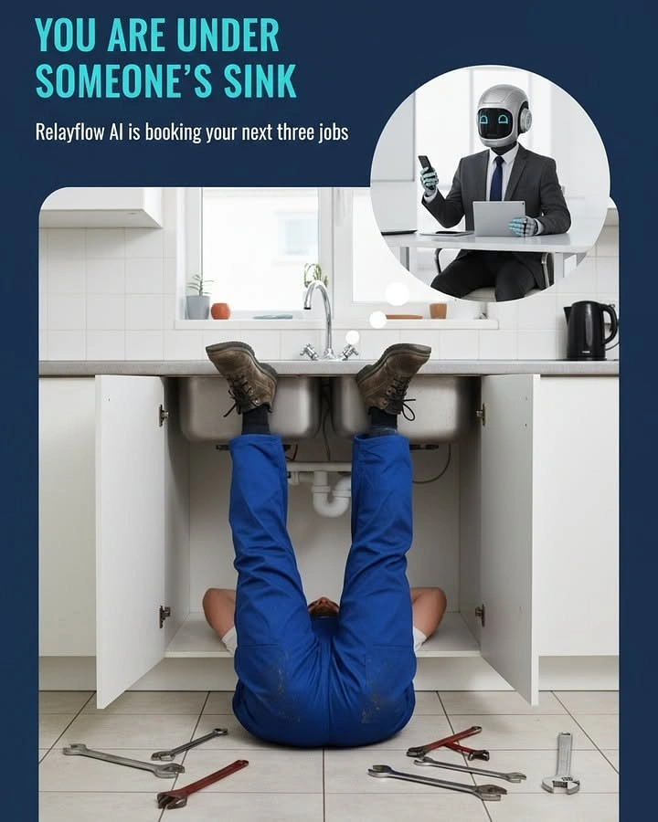 Plumbers creative ad: AI robot books jobs while plumber works
