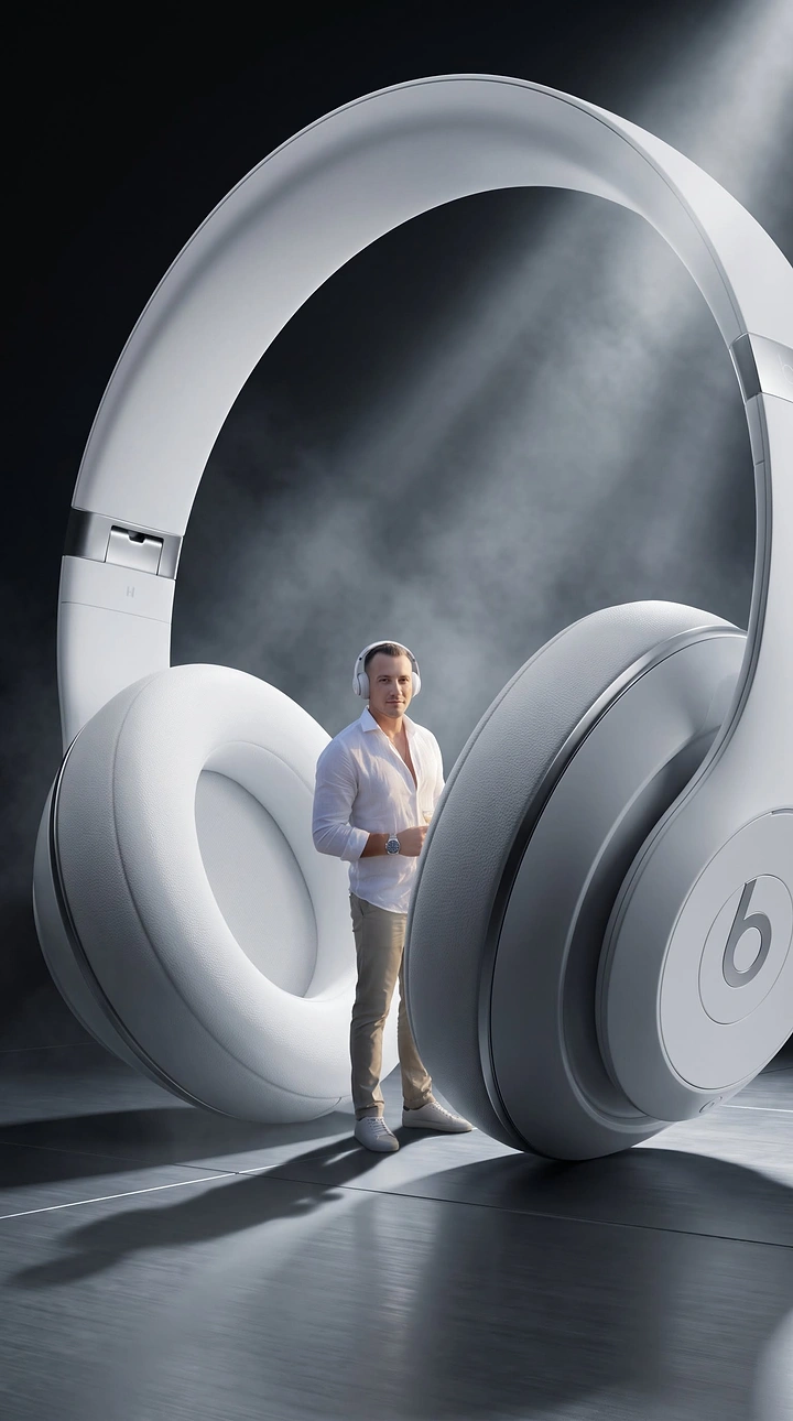 Headphones & Speakers creative ad: Giant headphones create surreal scale metaphor