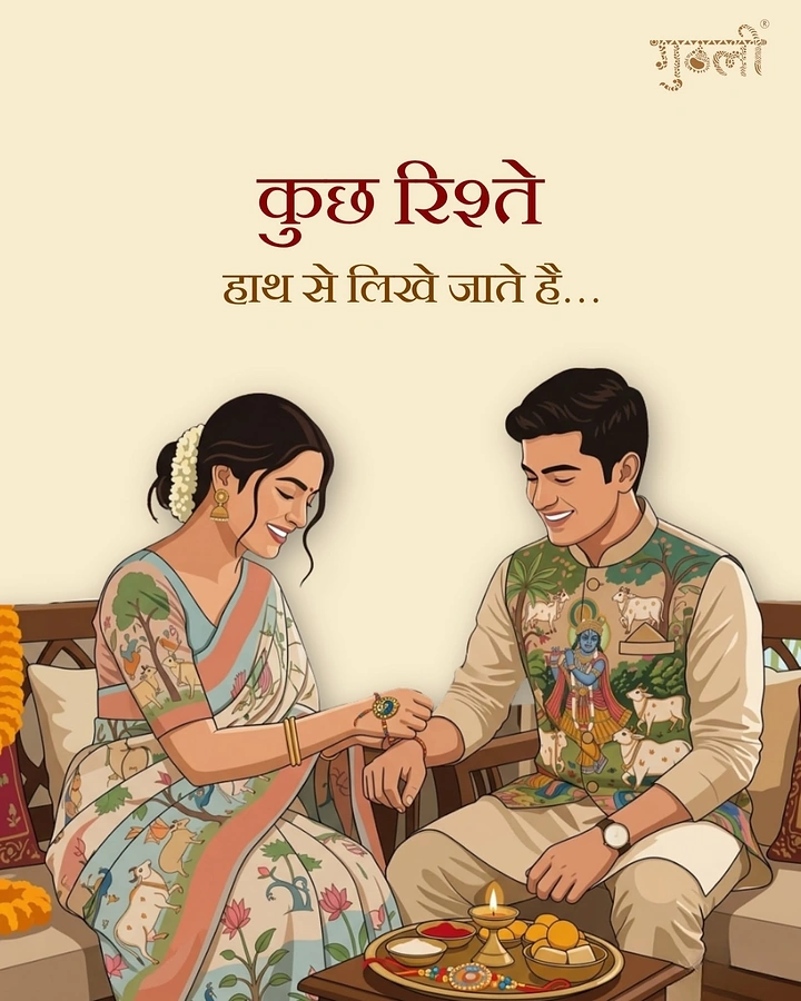 Raksha Bandhan creative ad: Adult sister tying a rakhi on brother in hand-painted attire