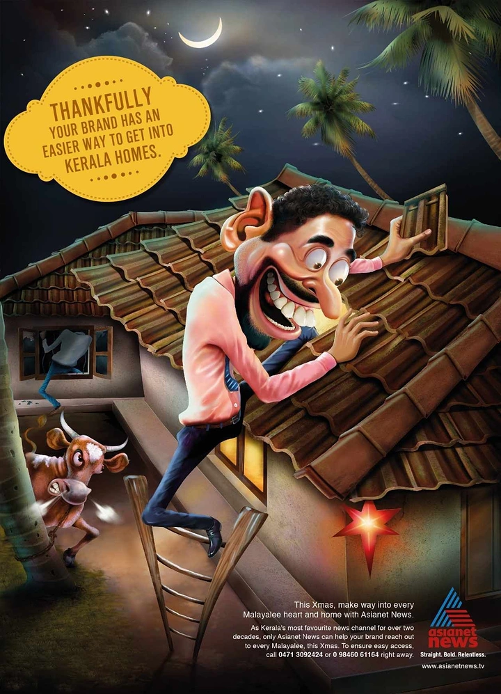 Roofing creative ad: Caricature peeping through roof, witty homes copy