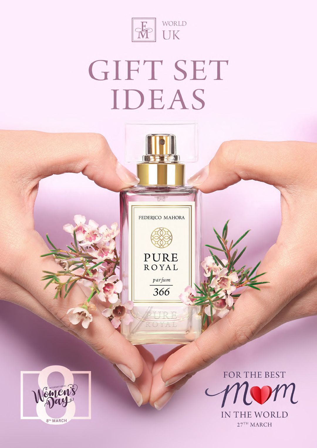 Hands form heart around perfume bottle