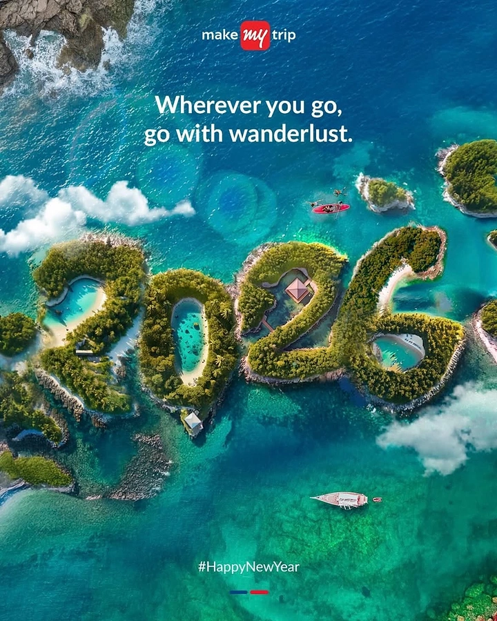 New Year creative ad: Aerial tropical islands shaped into the numerals 2026