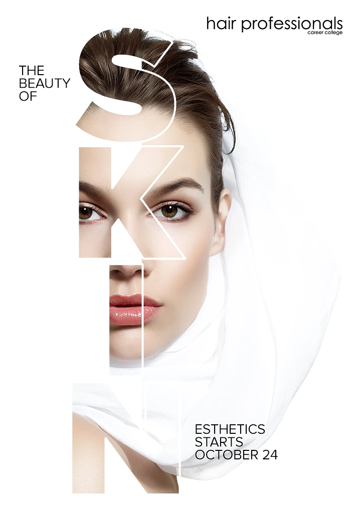 Education creative ad: Model's face revealed through giant vertical letters spelling SKIN