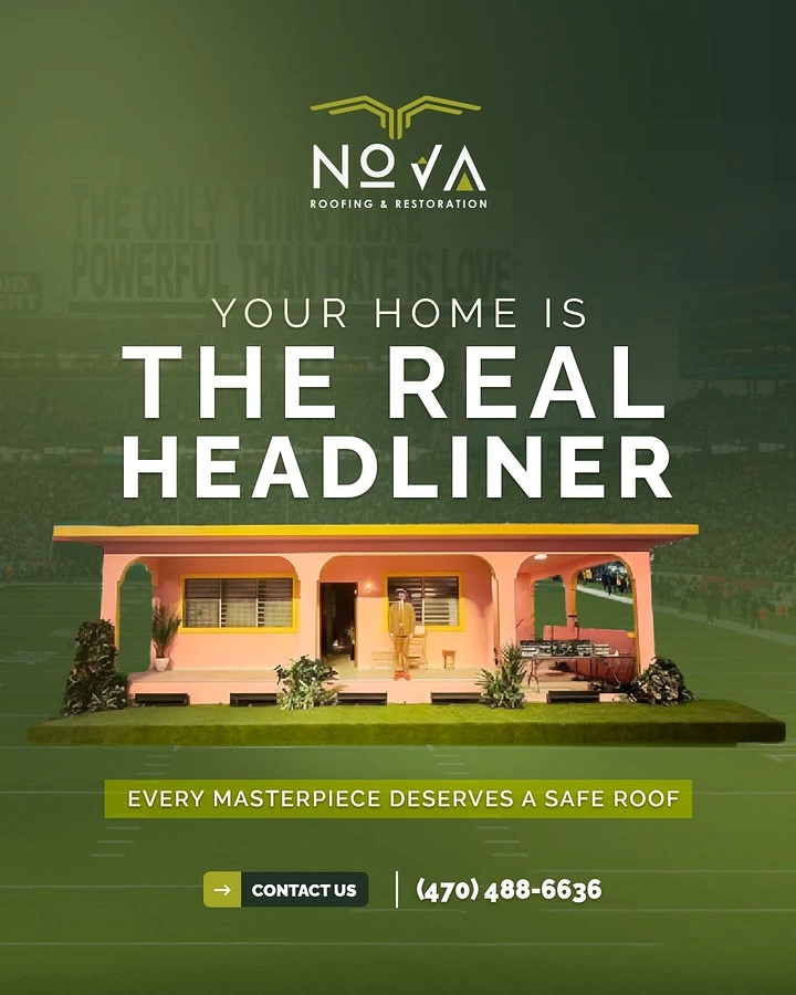 Roofing creative ad: Home as stage headliner, witty copy