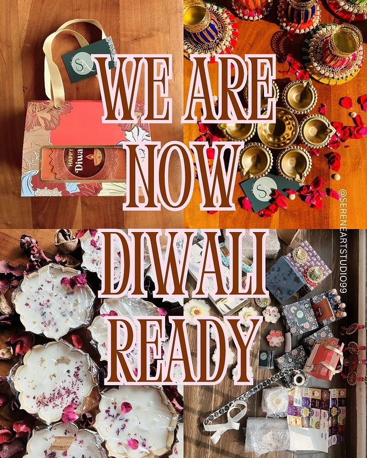 Diwali creative ad: A collage of Diwali gifting, diyas, sweets, packaging and festive accessories
