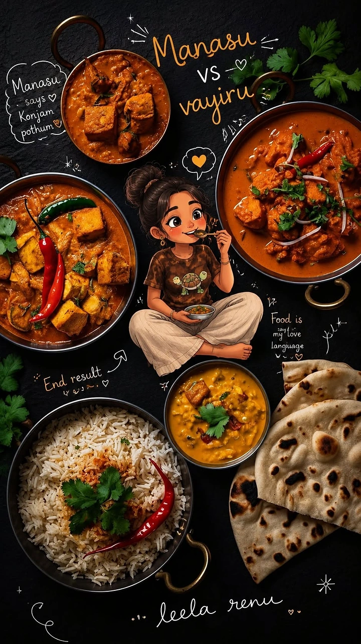 Navratri creative ad: A girl enjoying an abundant spread of Indian food
