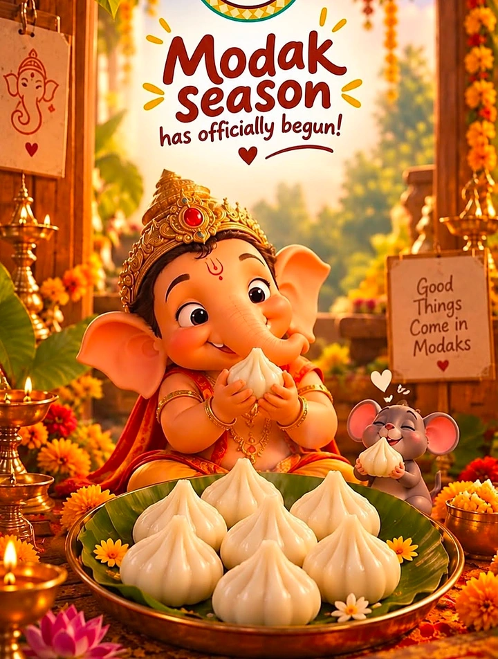 Ganesh Chaturthi creative ad: Baby Ganesha enjoying modaks with a small mouse in a flower-filled festive shrine