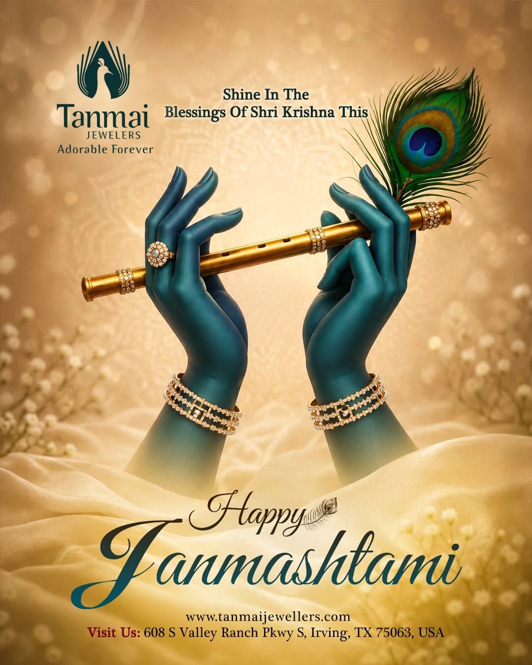 Blue Krishna hands holding a gold flute, wearing jewellery