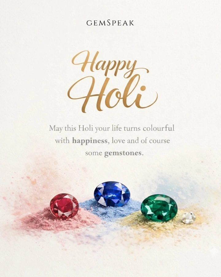 Holi creative ad: Ruby, sapphire and emerald on pastel powder heaps