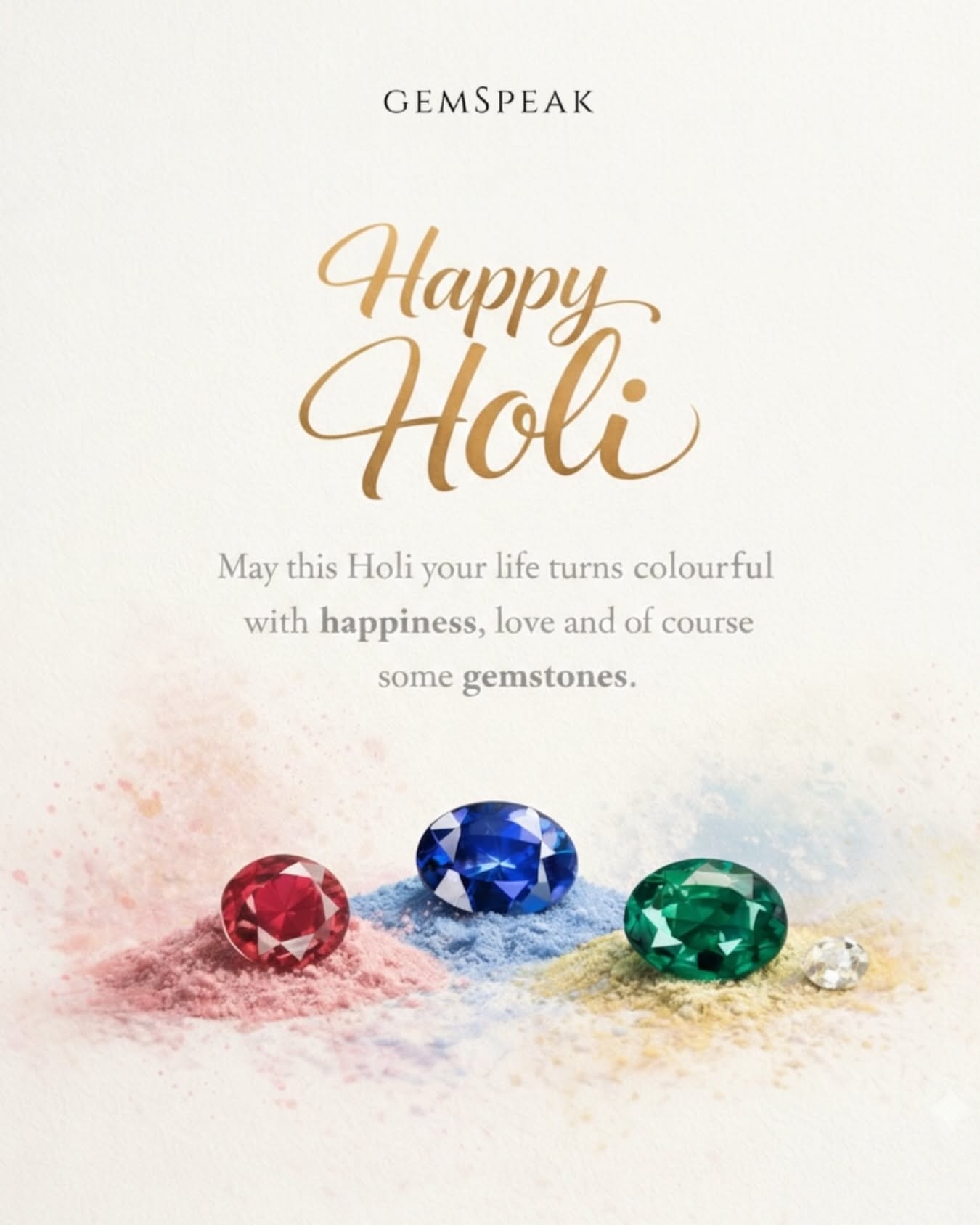 Holi Instagram post: Ruby, sapphire and emerald on pastel powder heaps
