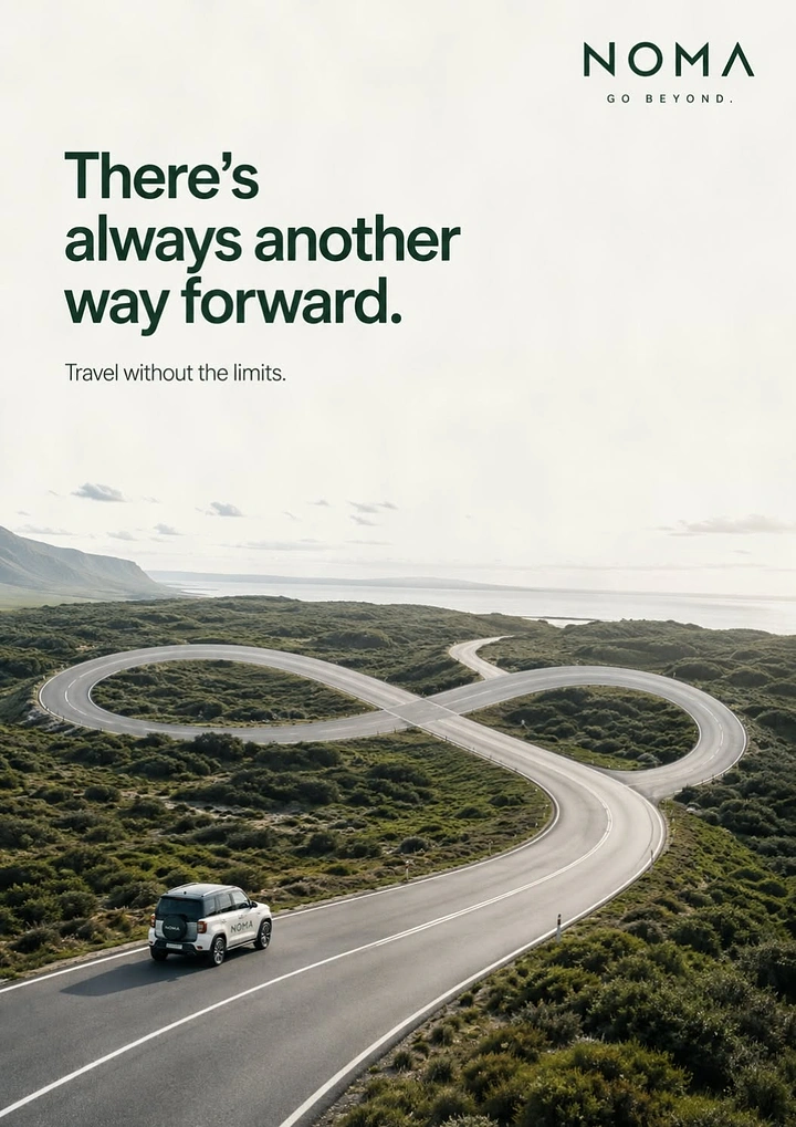 Car Rental creative ad: SUV driving on a road looping into an infinity symbol