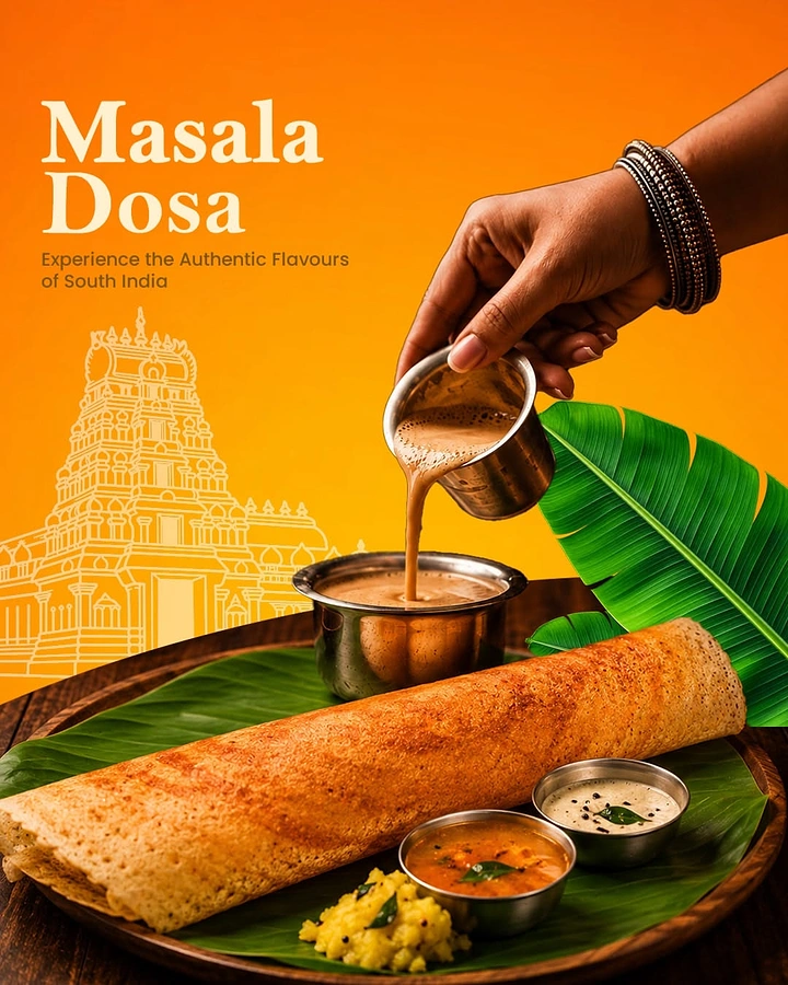 Indian Restaurants creative ad: Temple illustration and pouring-sambar tableau