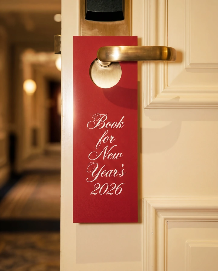 New Year creative ad: Red hotel door hanger on a brass handle