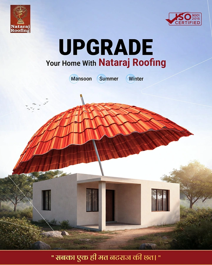 Roofing creative ad: Roof sheet shaped as umbrella over home