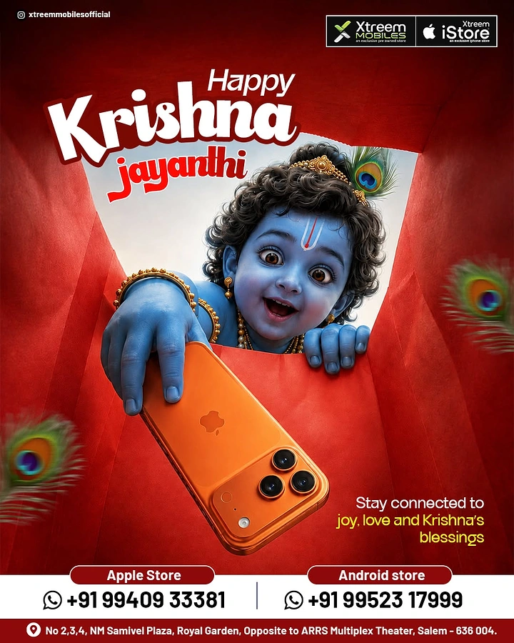 Janmashtami creative ad: Baby Krishna peeking out of a red shopping bag holding an orange smartphone