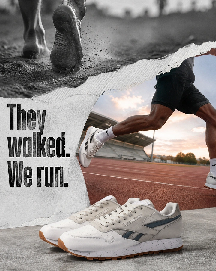 Creative ad: Torn-paper collage of a barefoot runner, a modern sprinter and classic sneakers