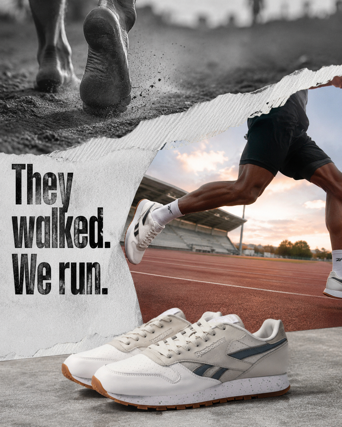 Instagram post: Torn-paper collage of a barefoot runner, a modern sprinter and classic sneakers