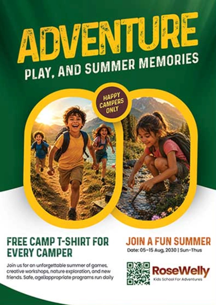 Summer Camps & Kids Activities creative ad: Adventure headline uses playful photo cutouts
