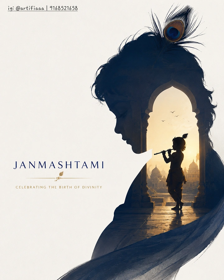 Janmashtami creative ad: Double-exposure silhouette of Krishna's profile containing a child playing flute in a temple arch
