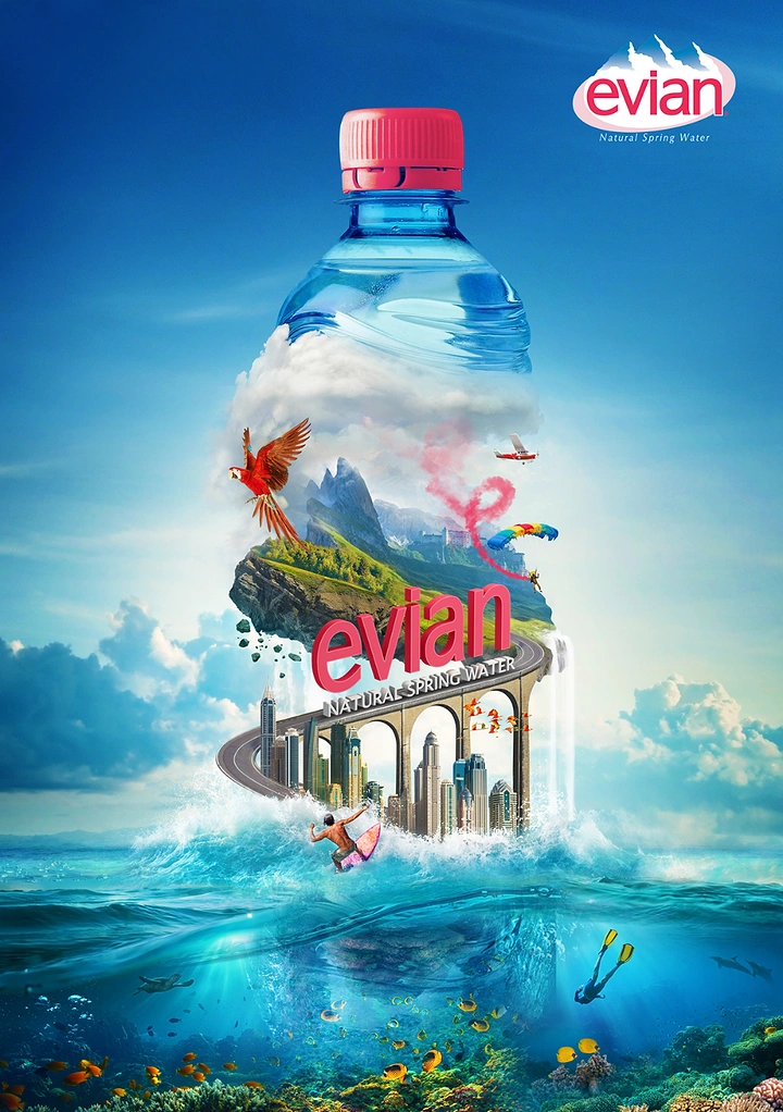 Packaged Drinking Water creative ad: Bottle filled with surreal world of mountains, city and sea