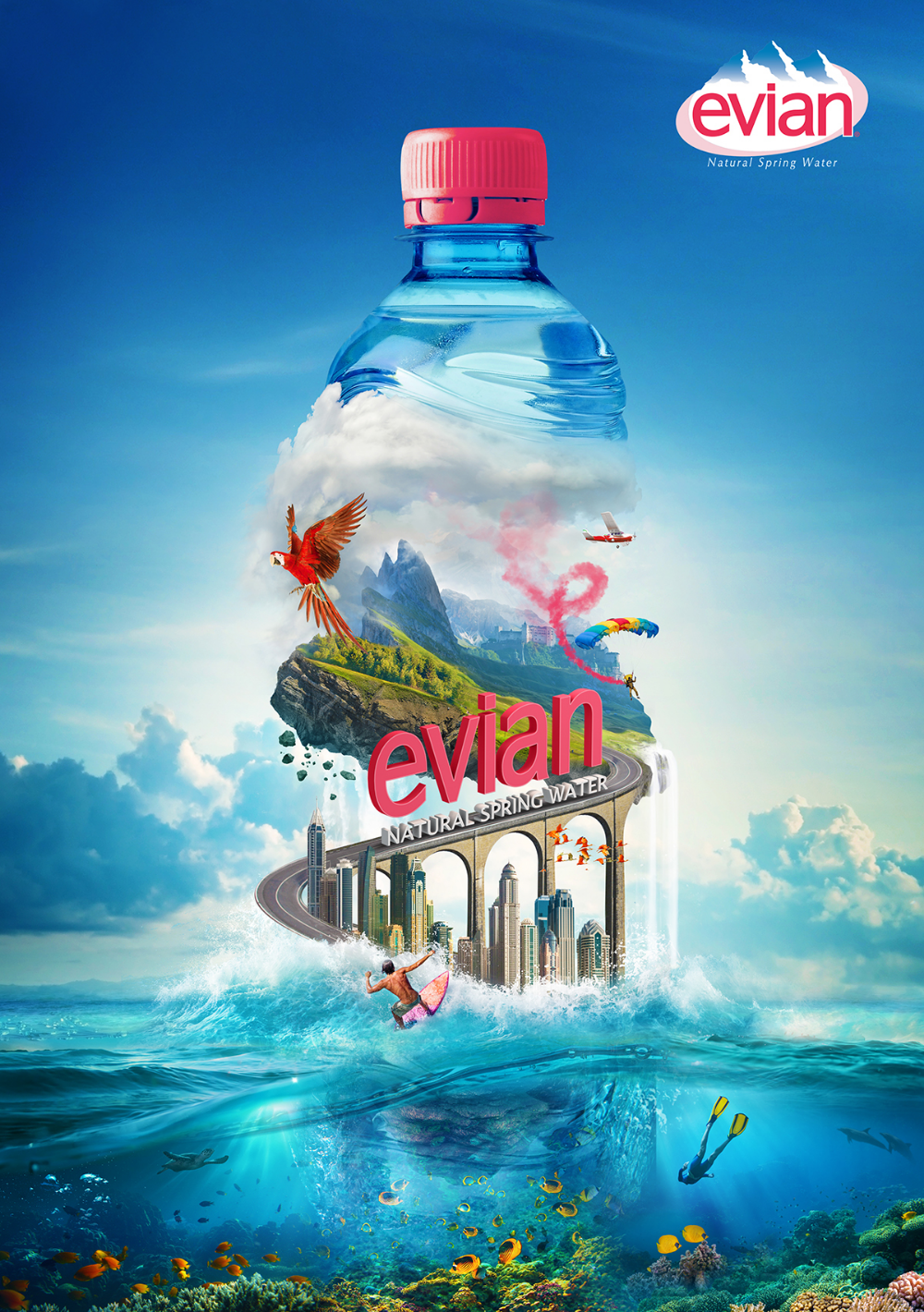 Poster: Bottle filled with surreal world of mountains, city and sea
